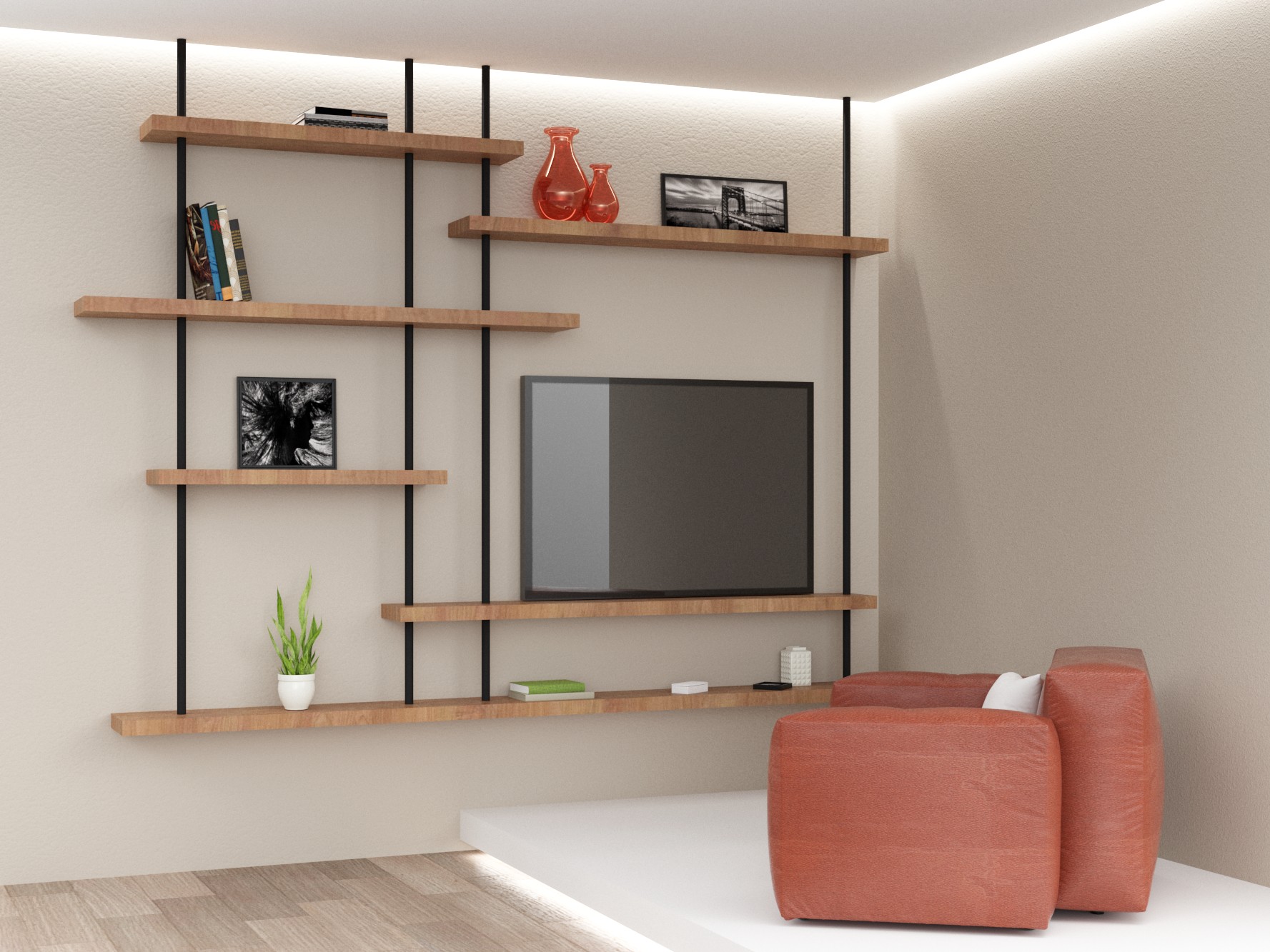 Mobile libreria e porta TV da soffitto con mensola in legno di
