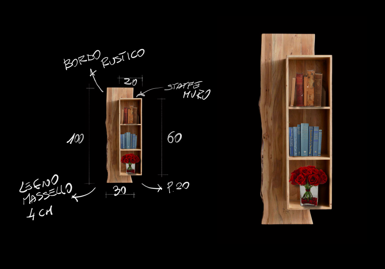 Mensola porta libri da parete legno taglio tronco e scaffale con