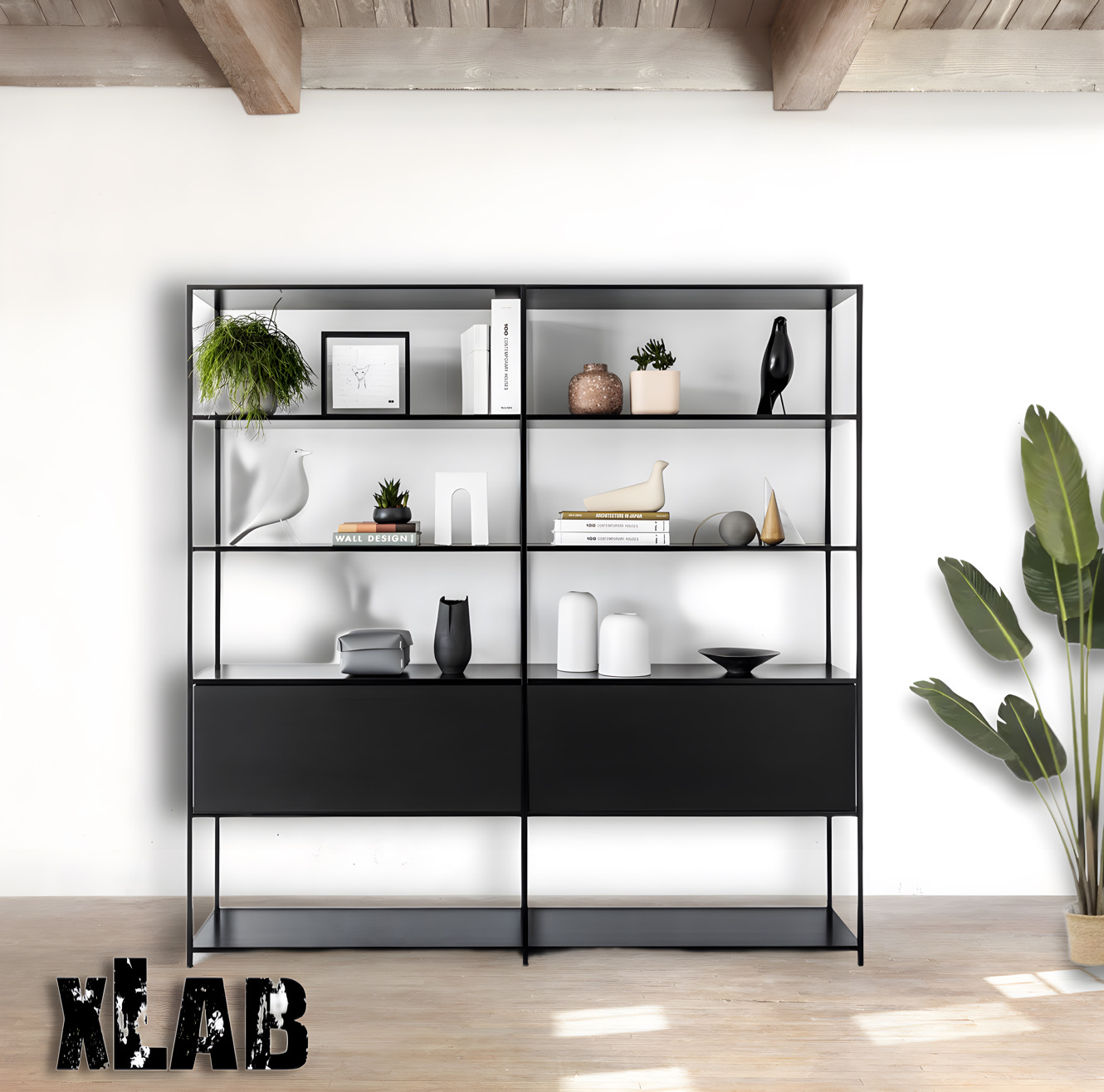 Libreria a giorno scaffale in ferro nero design minimalista L 180