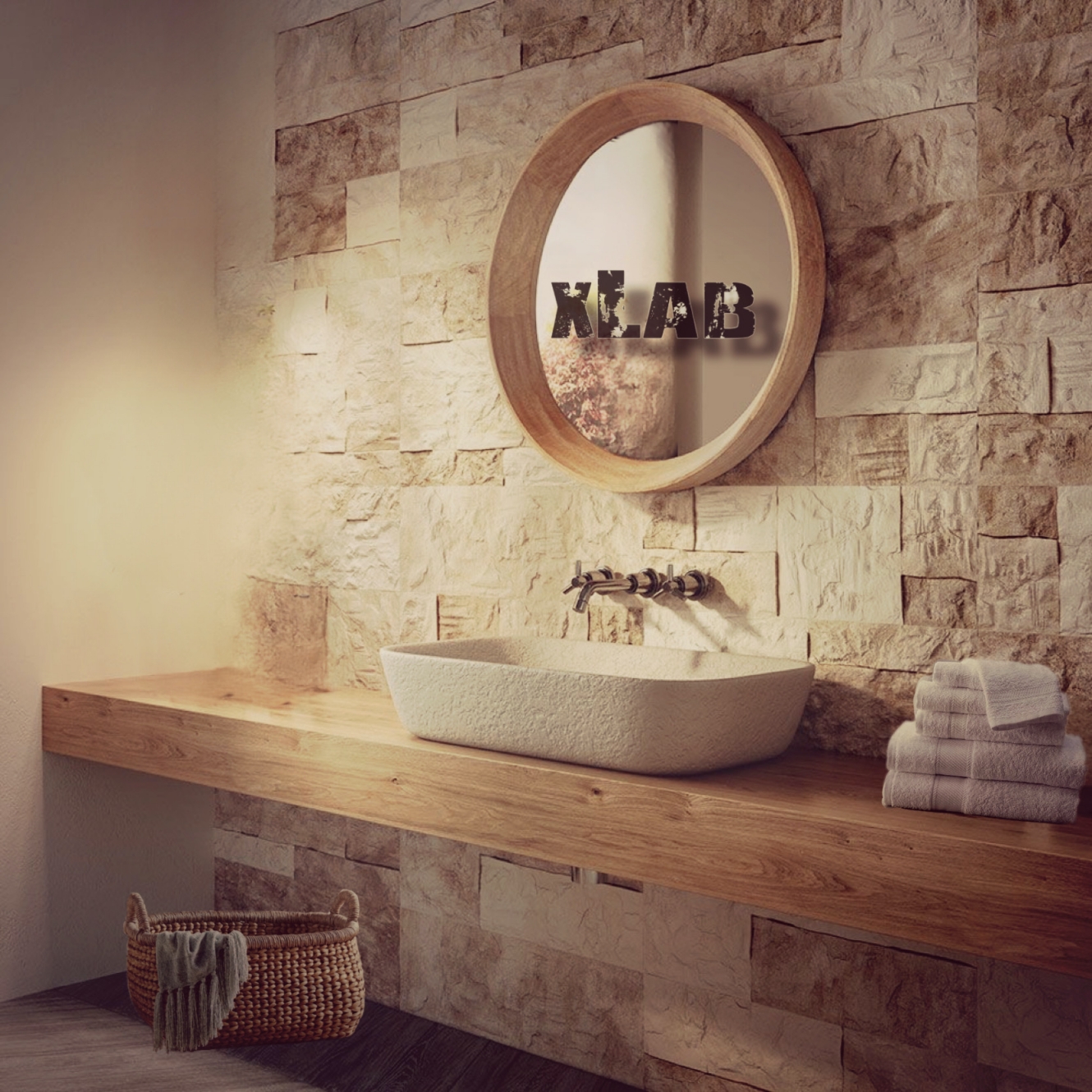 Mensola in rovere in legno massello arredo bagno con staffe porta