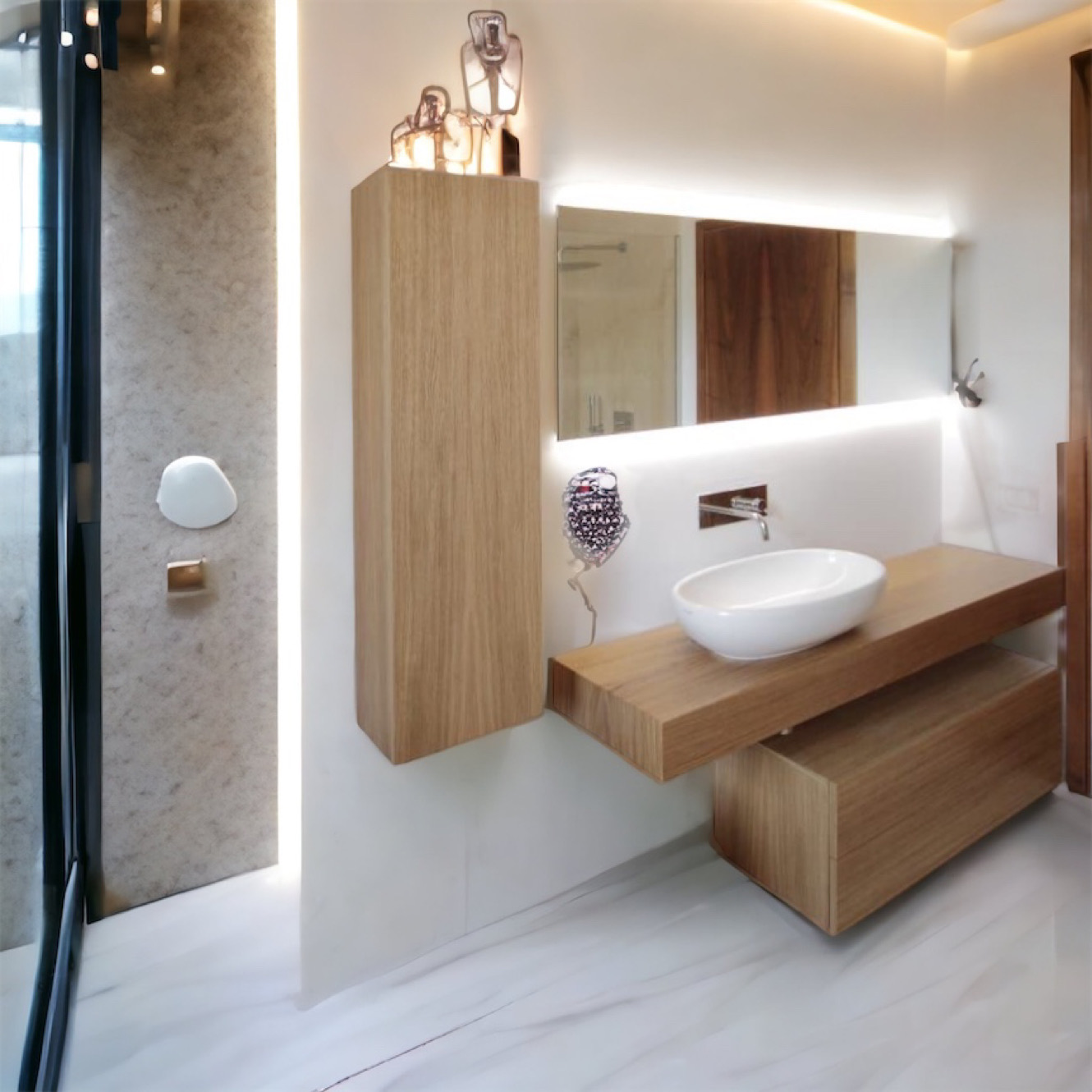 Mobile bagno di design moderno in legno di rovere mensola e cassetto sospeso  modello Venus - XLAB Design